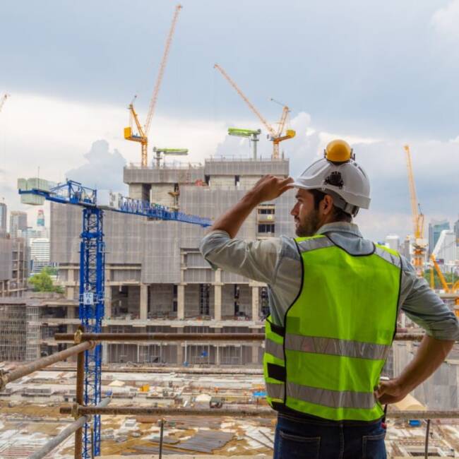Portrait of an engineer designing a large project inspecting the Portrait of an engineer designing a large project inspecting the job site to meet specifications.